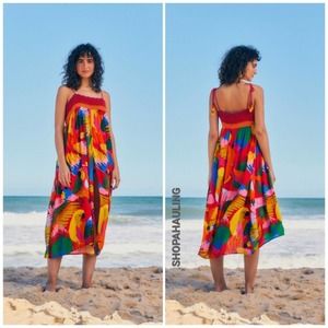 Farm Rio - Macaw Party Red Crochet Front Slit Beach Cover Up Dress - Size Large